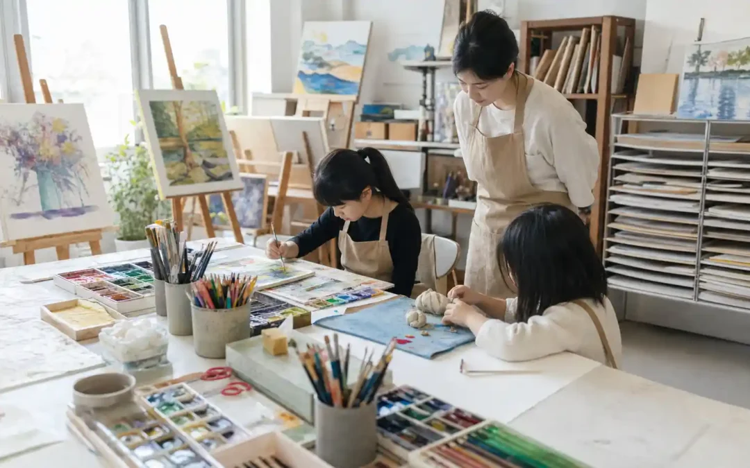 板橋兒童美術課教室中老師陪伴孩子創作的情境