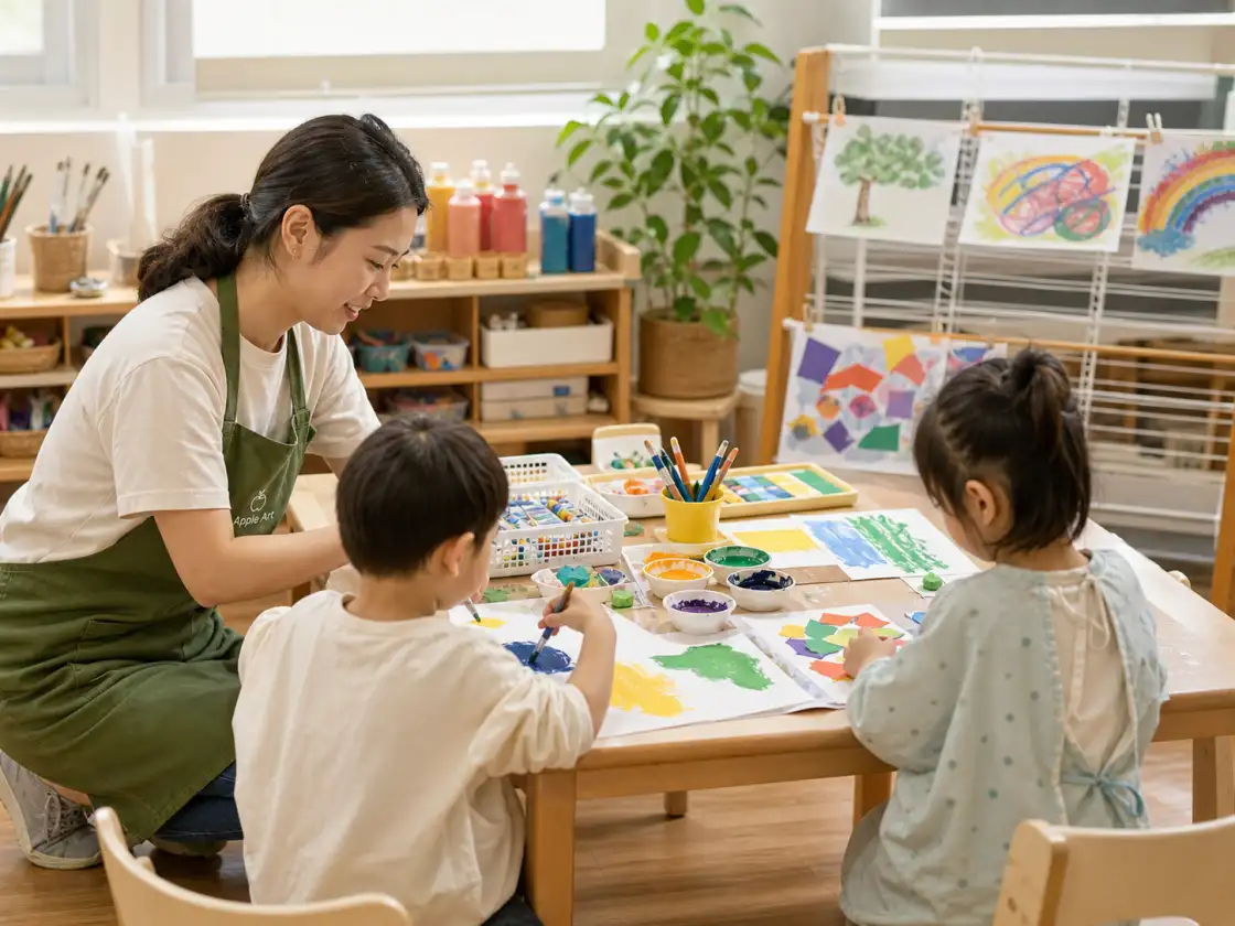 幼兒美術幾歲開始老師帶領幼兒安全探索顏料與蠟筆的課堂情境
