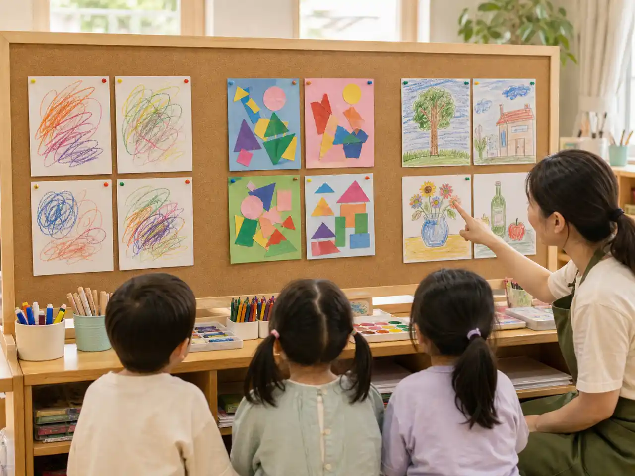 孩子在兒童美術教室中與老師討論創作選擇