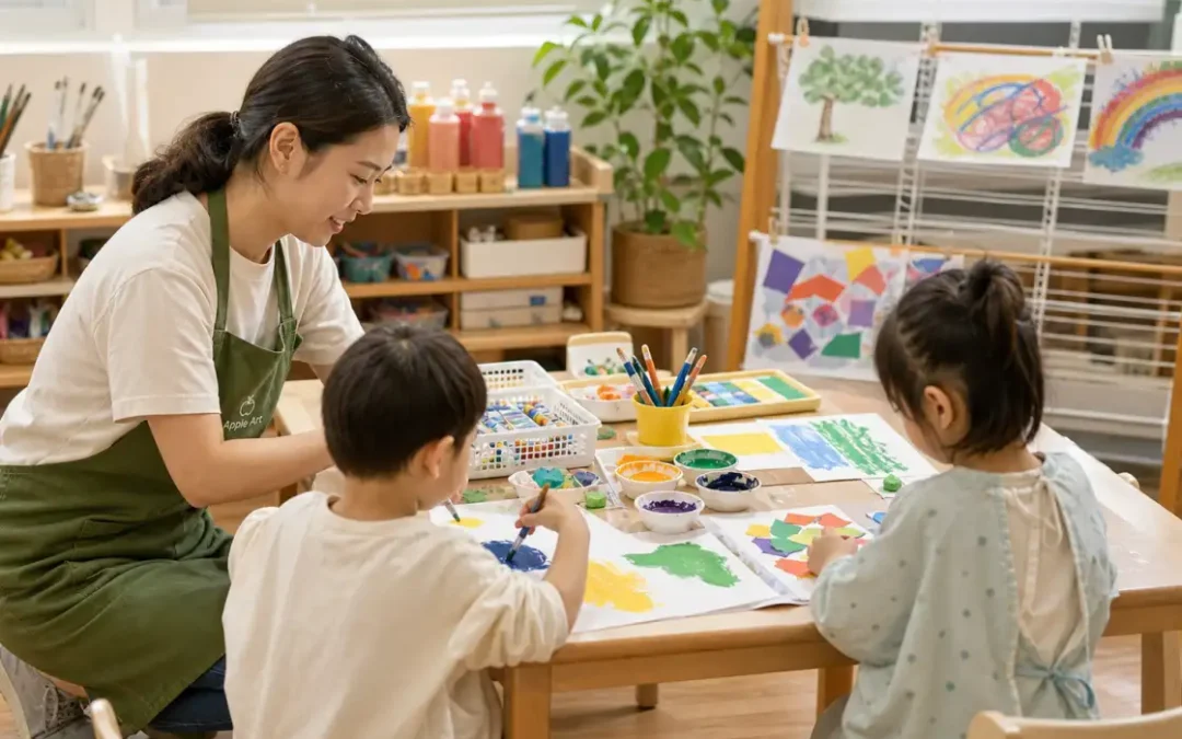 兒童美術教室中老師陪伴孩子討論創作選擇
