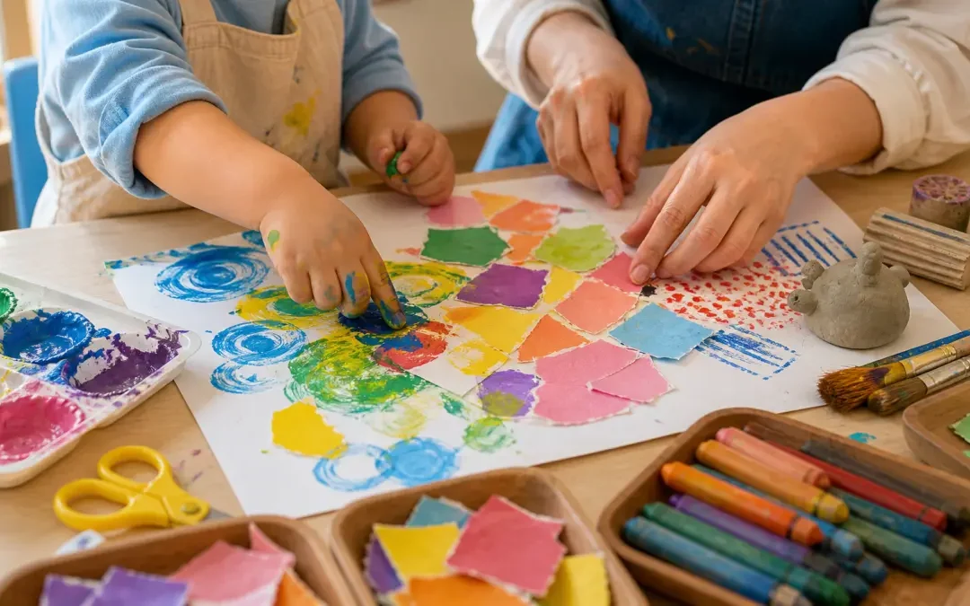 幼兒在美術教室進行手指畫與拼貼創作，老師在旁引導材料探索