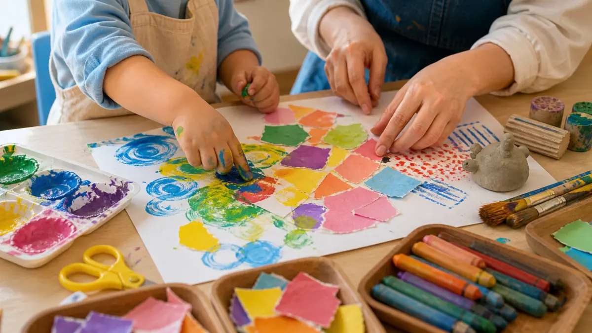 幼兒在美術教室進行手指畫與拼貼創作，老師在旁引導材料探索
