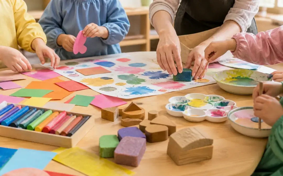 幼兒在美術教室透過顏料、色紙與積木玩中學，老師在旁引導創作探索